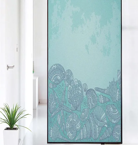 Vista 9 de Película decorativa de privacidad para ventana, control de calor, bloqueo solar, protección UV, diseño abstracto oceánico, adherencia estática Azul