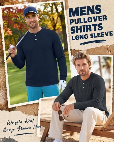 Vista 3 de Ficerd Paquete de 5 camisas de manga larga para hombre Waffle Henley