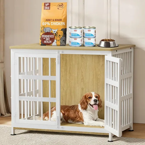 Vista 18 de Jaula para perros de 26 pulgadas, jaulas para perros de razas grandes, jaulas para perros interiores de madera, mesa auxiliar, jaula combinada