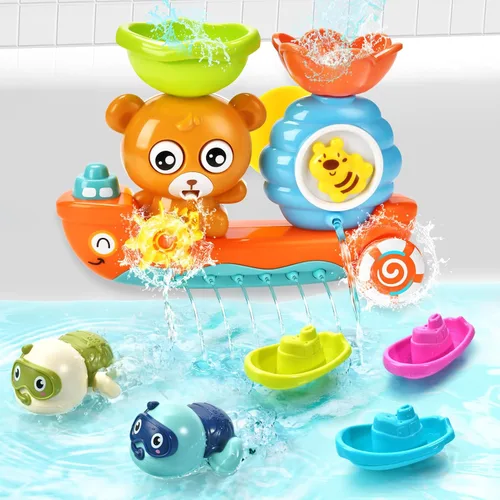 Vista 9 de Juguetes de baño para niñas para niños de 1 a 3 años Mesa de agua con ventosa y rotación Juguetes de bañera para niños pequeños con tazas apilables
