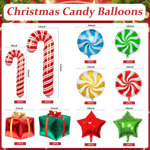 Vista 2 de 28 globos de papel de aluminio de Navidad de bastón de caramelo con cintas, globos de Mylar para decoración de fiestas
