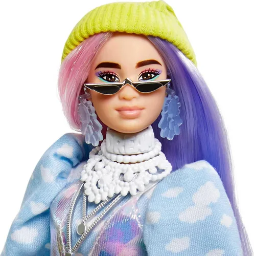 Vista 5 de Muñeca Barbie Extra y accesorios con aspecto brillante, cabello de fantasía rosa y morado y gorro de neón con cachorro mascota Blanco