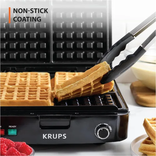 Vista 2 de KRUPS Máquina para hacer waffles belgas de 4 porciones: acero inoxidable, 5 niveles de tostado, señal de listo audible, platos removibles, 1200W