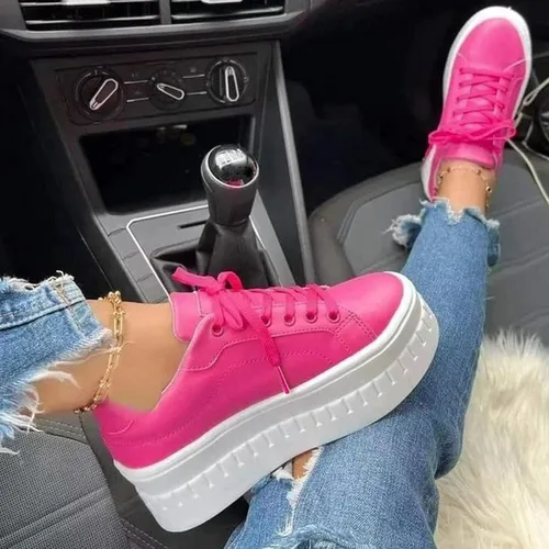Vista 2 de Hbeylia Zapatos deportivos de plataforma para mujer, con cordones, parte inferior gruesa, tacones altos, transpirables, cerrados, puntera redonda