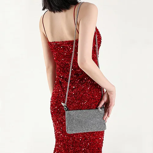 Vista 5 de Silver Clutch Women Rhinestone Evening Bag Wedding Crystal Bride Engagement Purse Fold Over Chain Crossbody Shoulder Bag