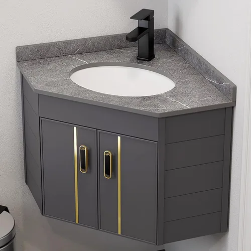 Vista 3 de Fregadero de montaje en pared, lavabo de esquina de baño, fregadero de cerámica, combo para espacio pequeño montado en la pared, diseño de juego