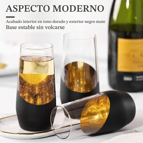 Vista 2 de MyGift Juego de 4 copas de champán negras y doradas sin tallo, vasos de fiesta de boda de 11 onzas, utensilios de bar modernos para vino espumoso