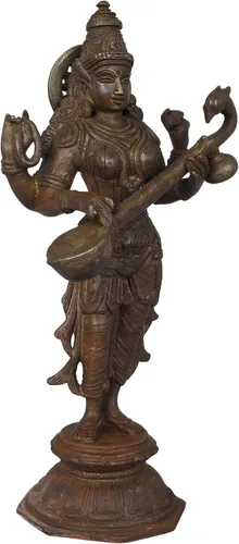 Vista 2 de Exotic India Saraswati de pie - Escultura de latón - Color bronce Hue
