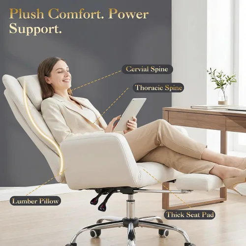 Vista 6 de Silla de oficina ejecutiva de respaldo alto con reposapiés, piel sintética reclinable, soporte lumbar, estilo entrecruzado, reclinación de 155° Beige