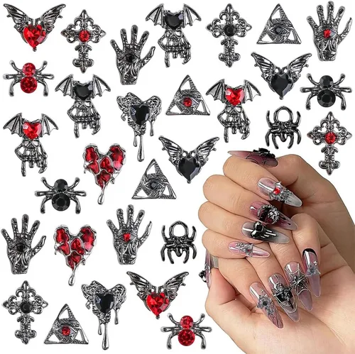 Vista 10 de Dijes de araña 3D para uñas de araña, dijes de araña plateada para uñas, incrustaciones de gemas rojas y rosas, punk, retro, diamantes de imitación