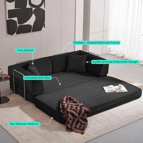 Vista 4 de LINSY Home Sofá cama convertible de 79 pulgadas, sofás de pana 4 en 1 sin hueso para sala de estar, futón plegable tamaño Queen, colchón de suelo