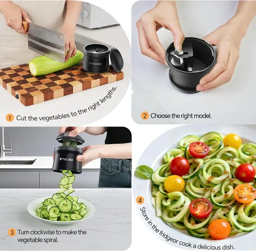 Vista 4 de Cortador espiralizador de verduras 4 en 1, grosor ajustable de 0.000-0.118 in, espiralizador de calabacín para preparar fideos vegetarianos