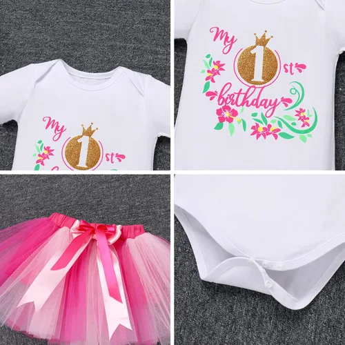 Vista 5 de ODASDO Conjunto de 3 piezas de mameluco de manga corta de algodón con estampado de flores, falda tutú, corona y diadema