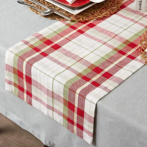 Vista 6 de DII - Camino de mesa estilo Orchard con cuadros, colección de elementos esenciales de mesa de lino, 14 x 108 pulgadas, color gris pardo/rojo