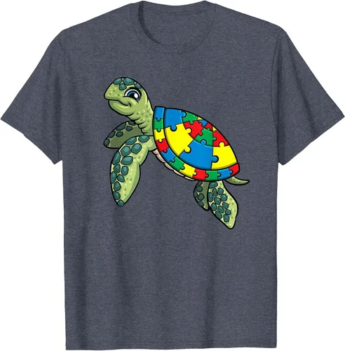 Vista 52 de Turtle Puzzle Pieces for Autism Awareness Kids Women Teacher T-Shirt Asphalt Grey