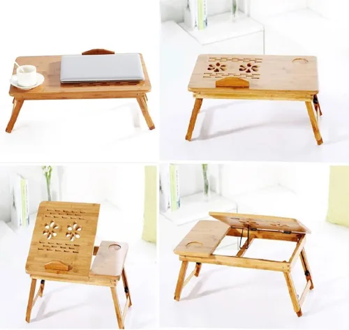 Vista 3 de Bandeja de bambú con patas ajustables Bandeja plegable para servir desayuno Escritorio de regazo con cajón superior inclinable y lateral