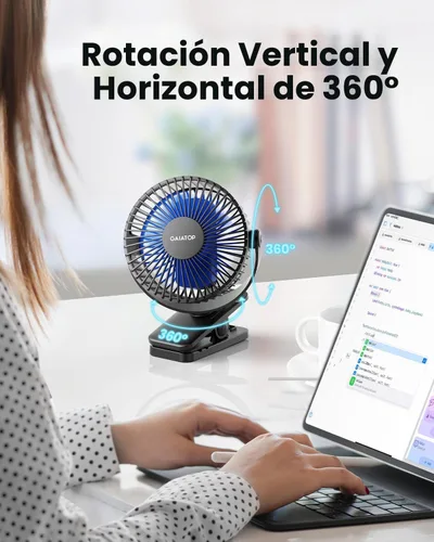 Vista 2 de Gaiatop Ventilador portátil con clip, funciona con pilas, pequeño y potente de 3 velocidades, silencioso de rotación de 360°, mini ventilador