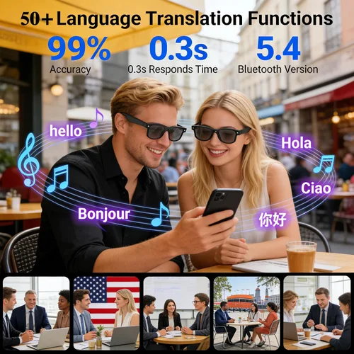 Vista 2 de AI Smart Glasses with Camera, 8MP HD Video Recording Camera Smart Sunglasses, Bluetooth Translation Sunglasses, Touch Control Open Ear Audio