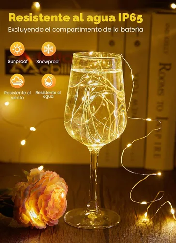 Vista 2 de Minetom - Luces de hadas a pilas con control remoto, 33 pies, 100 luces LED impermeables para interior y exterior, luz titilante estrellada