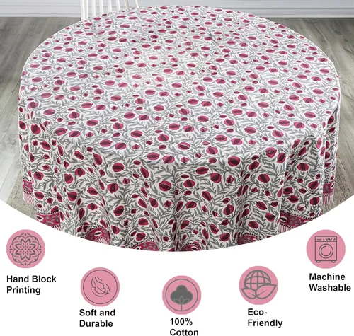 Vista 128 de Ridhi Mantel redondo estampado a mano color rosa flamenco 110 pulgadas 100%