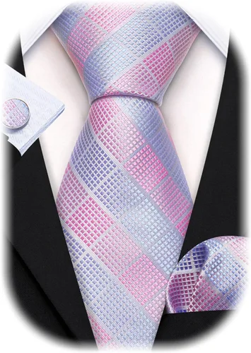 Vista 125 de Barry.Wang Juego de corbatas a cuadros para hombre con pañuelo gemelos de rayas clásicas
