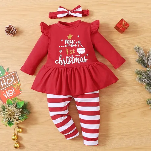 Vista 2 de Trajes de Navidad para bebé niña My 1st Christmas Ruffle Shirt Plaid Stripe Pants Ropa