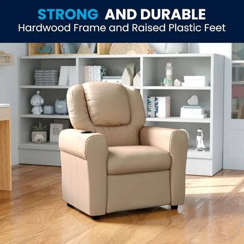 Vista 4 de Flash Furniture - Sillón reclinable contemporáneo para niños, color beige vinilo con base para vasos y reposacabezas