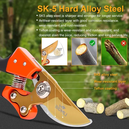 Vista 6 de Tijeras de Podar Resistentes, Tijeras de Jardín y Podadoras con Hojas de Acero SK5 Red-BIDMLI de 8.66" y Mangos de Aleación de Aluminio, Cortador