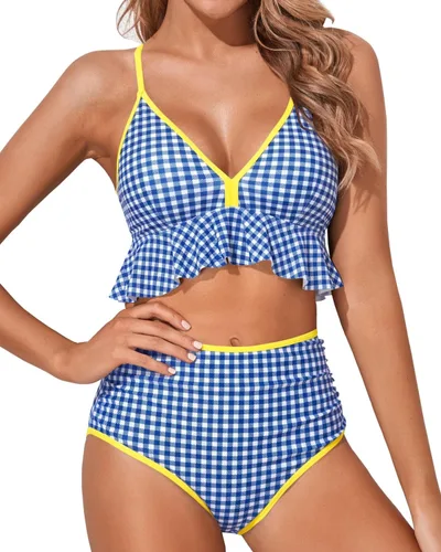 Vista 12 de Tempt Me - Traje de baño de dos piezas para mujer, bikini de cintura alta con volantes y control de abdomen Rojo neón