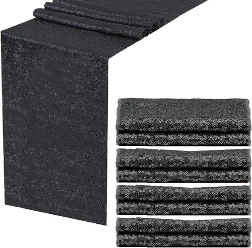 Vista 14 de Camino de mesa de lentejuelas negras, 1 paquete de 12 x 72 pulgadas de largo, camino de tela brillante con purpurina para decoración de mesa redonda
