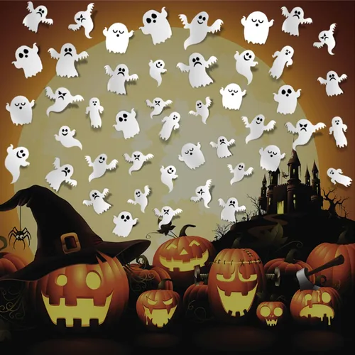 Vista 5 de Calcomanías 3D de fantasmas de Halloween, 42 unidades, reutilizables, autoadhesivas, blancas, para decoración de pared, suministros de fiesta
