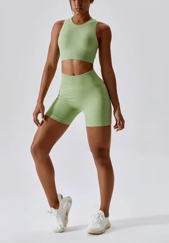 Vista 50 de Conjuntos de entrenamiento para mujer, 2 piezas, sin costuras, acanalada, sin mangas, brasier deportivo, cintura alta, pantalones cortos