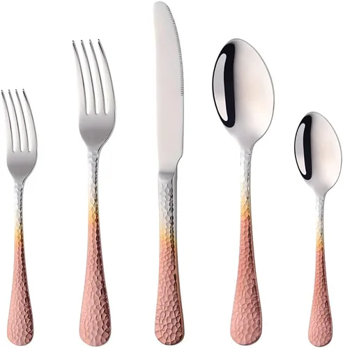 Vista 8 de Juego de cubiertos martillados, 20 piezas, cubiertos de cocina de acero inoxidable de alta calidad, esmalte de espejo, aptos para lavavajillas