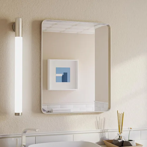 Vista 25 de ISKM Espejo con marco negro para pared de 20 x 16 pulgadas, espejo de tocador de baño antioxidante, vidrio templado, espejo rectangular redondeado