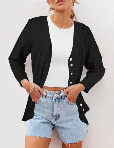 Vista 2 de Camisetas de manga 34 con cuello en V para mujer, con botones, estilo casual, lisas, blusas básicas