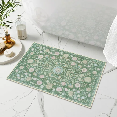 Vista 15 de Uphome Alfombra de baño bohemia con diseño floral beige, ultra suave, antideslizante, vintage, lavable a máquina, alfombra de baño floral para baño