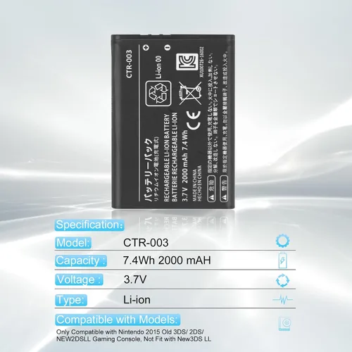 Vista 4 de New Upgraded 2000mAh Li-ion CTR-003 Battery for Nintendo 2015 Old 3DS 2DS NEW2DS Gaming Console Replacement Battery with 1*Repair Tool