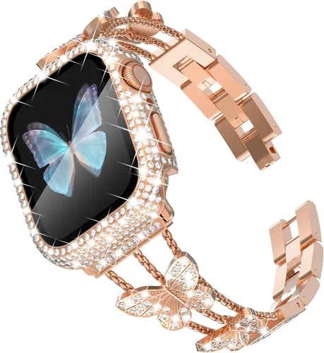 Vista 9 de Correa Bling y Funda WINGLE para Apple Watch para Mujeres 40mm SE 3/2/1 Series 6 5 4, Correa de Brazalete de Metal con Diamantes de Imitación