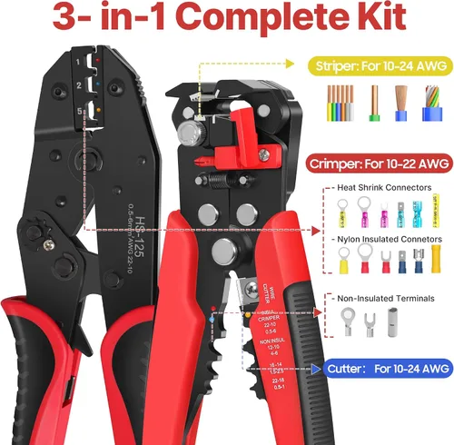 Vista 2 de Kuject Kit de pelacables y herramienta de crimpado, 3 en 1 autoajustable para pelar cables de 10-24 AWG con juego de herramientas de crimpado
