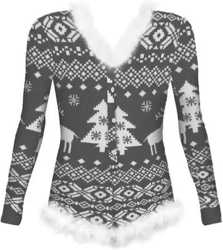 Vista 2 de Pijama de Navidad para mujer, cuello en V profundo, botón trasero, pijama de manga larga, patrón de espalda abierta