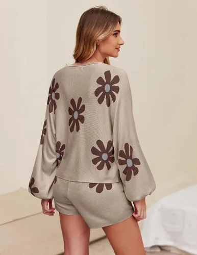 Vista 4 de Ekouaer - Conjunto de pijama de punto para mujer, ropa de descanso, sudadera de manga larga y pantalones a juego, casual, 2 piezas, tallas S-XXL
