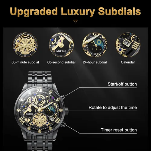 Vista 3 de Mens Watches, Upgraded Gear Design Mens Skeleton Watch, Chronograph Luxury Diamond Dress Business Analog Quartz Wrist Watches for Men, 100fts