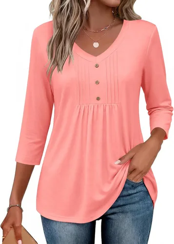 Vista 14 de Ekouaer Blusas de manga 3/4 para mujer, cuello en V, blusas plisadas casuales Boho Multicolor