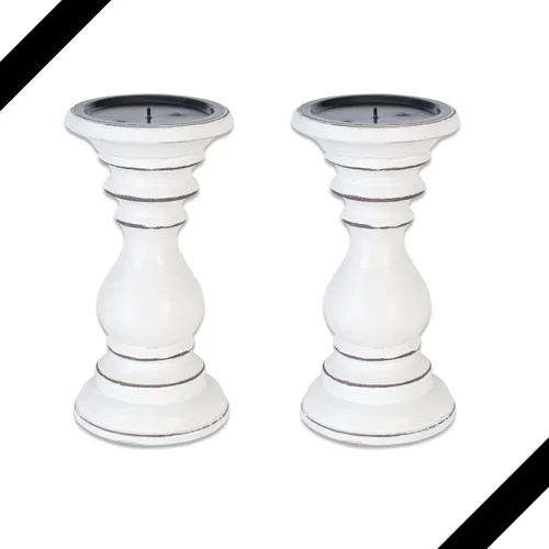 Vista 16 de Portavelas de madera rústica de color blanco lavado (juego de 2) – Soportes de pilar de 6 pulgadas de alto, decoración vintage Shabby Chic, acabado