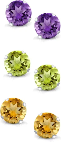 Vista 2 de Gem Stone King Juego de 3 aretes redondos de amatista, citrino y peridoto de 0.157 in para mujeres y hombres en plata de ley 925, Plata de ley