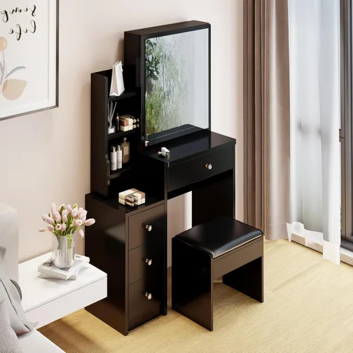 Vista 8 de BNSPLY Escritorio pequeño de tocador de 29.2 pulgadas de ancho con espejo deslizante, juego de tocador de maquillaje negro con 4 cajones y 5