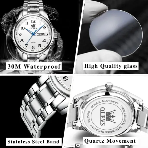 Vista 5 de OLEVS Reloj de cuarzo de cara grande para hombre, correa de acero inoxidable para hombre, relojes de diamantes de moda, analógico, impermeable