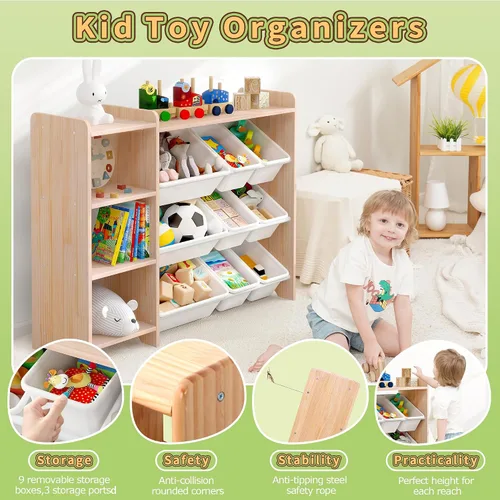 Vista 17 de MallBest Estante organizador de almacenamiento de juguetes para niños de 4 niveles, 100% madera maciza, armario de almacenamiento para niños con 9