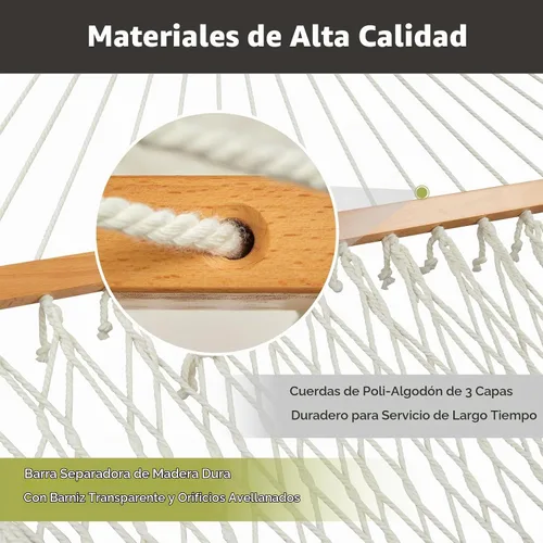 Vista 5 de CHULIM Hamaca doble para exterior con barras separadoras de madera dura, hamaca grande de cuerda con almohada de poliéster y cojín, capacidad de 475