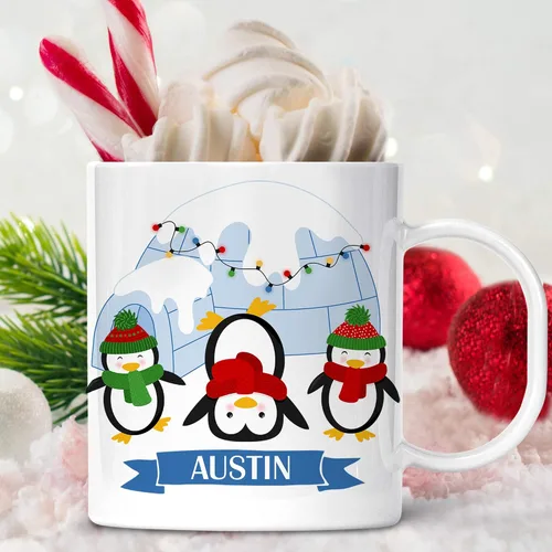 Vista 3 de Taza personalizada de pingüino de Navidad para niños con nombre, polímero ligero
